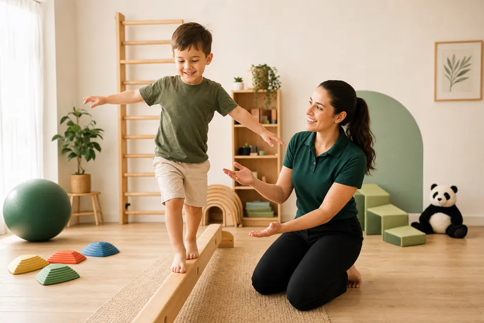 A Kinderkineticist helping a child balance on a wooden beam in a warm movement room