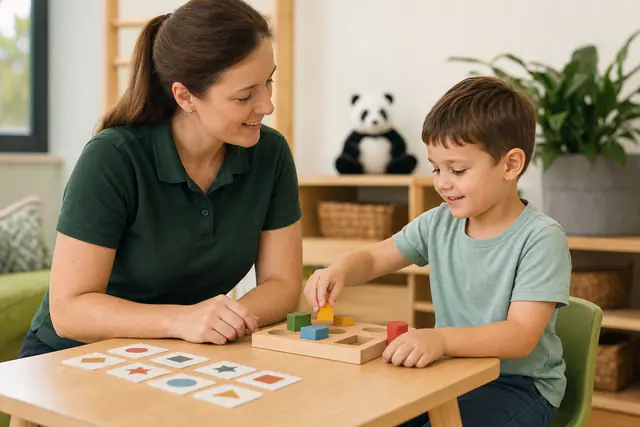 A Kinderkineticist guiding a child through a coordination assessment