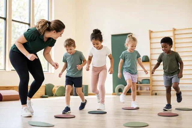 A practitioner leading children through a school movement activity
